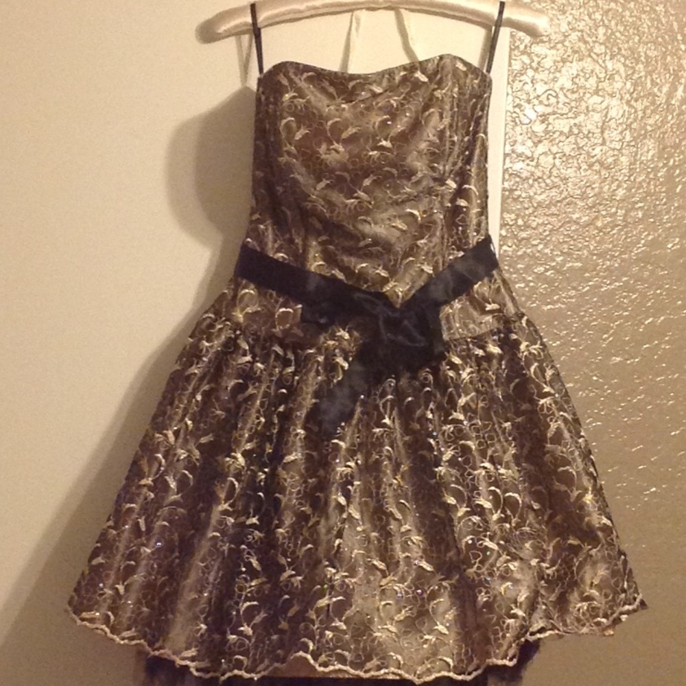 Black and gold lacy cocktail dress, strapless